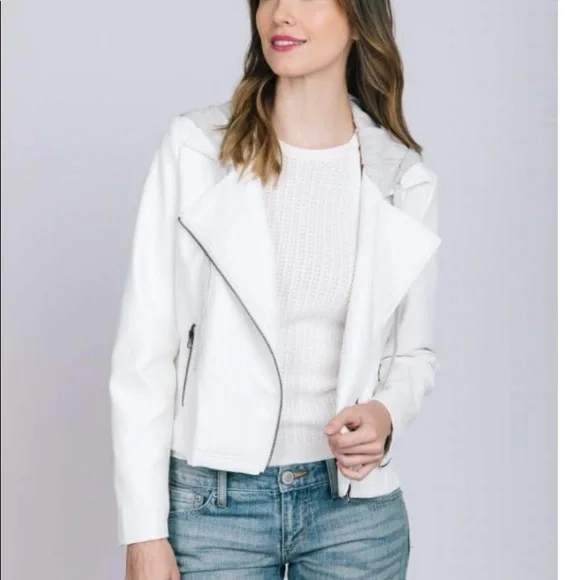 Jacket vegan leather moto style white with gray hood insert - Picture 1 of 7